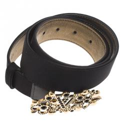 مملوكة مسبقًا Louis Vuitton Black Satin Rhinestone Fleurs Runway Belt 85 CM