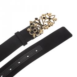 مملوكة مسبقًا Louis Vuitton Black Satin Rhinestone Fleurs Runway Belt 85 CM