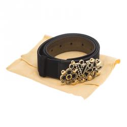 مملوكة مسبقًا Louis Vuitton Black Satin Rhinestone Fleurs Runway Belt 85 CM