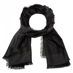 Pre Owned Louis Vuitton Charcoal Grey Monogram Shine Wool Silk Shawl