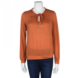 Pre Owned Louis Vuitton Orange Knit Braided Neck Tie Detail Long Sleeve Top S