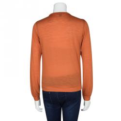 Pre Owned Louis Vuitton Orange Knit Braided Neck Tie Detail Long Sleeve Top S