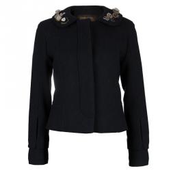 Louis Vuitton Black Wool Beaded Floral Applique Collar Detail Jacket S