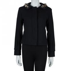 Louis Vuitton Black Wool Beaded Floral Applique Collar Detail Jacket S