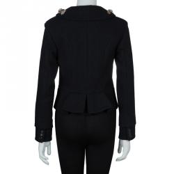 Louis Vuitton Black Wool Beaded Floral Applique Collar Detail Jacket S