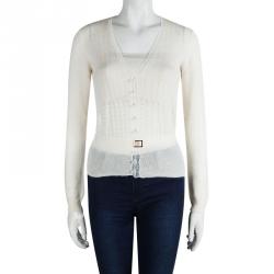 Pre Owned Louis Vuitton Cream Cashmere Perforated Belted Cardigan M