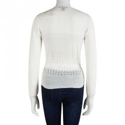 Pre Owned Louis Vuitton Cream Cashmere Perforated Belted Cardigan M