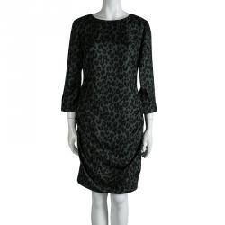 Louis Vuitton Olive Green Leopard Printed Silk Ruched Dress M