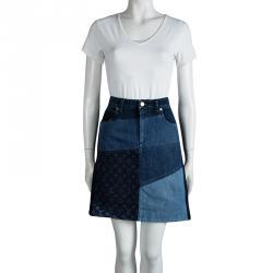 Louis Vuitton Indigo Colorblock Denim Monogrammed Patchwork Skirt L