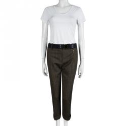 Pre Owned Louis Vuitton Brown Textured Contrast Striped Belted Trousers M