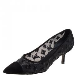 مملوكة مسبقًا Louis Vuitton Black Suede and Sequin Embellished Mesh Night Call Pumps Size 37