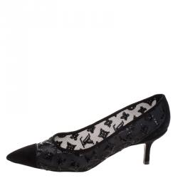 مملوكة مسبقًا Louis Vuitton Black Suede and Sequin Embellished Mesh Night Call Pumps Size 37