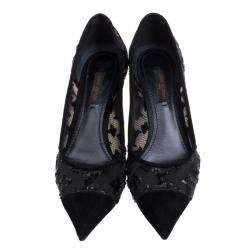 مملوكة مسبقًا Louis Vuitton Black Suede and Sequin Embellished Mesh Night Call Pumps Size 37