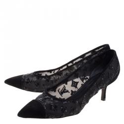 مملوكة مسبقًا Louis Vuitton Black Suede and Sequin Embellished Mesh Night Call Pumps Size 37