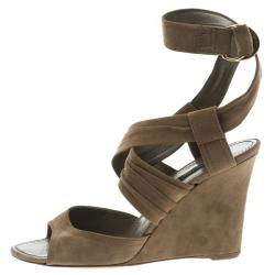 Pre Owned Louis Vuitton Brown Suede Criss Cross Ankle Wrap Wedge Sandals Size 40