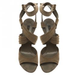 Pre Owned Louis Vuitton Brown Suede Criss Cross Ankle Wrap Wedge Sandals Size 40