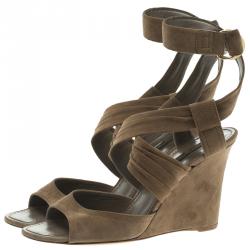 Pre Owned Louis Vuitton Brown Suede Criss Cross Ankle Wrap Wedge Sandals Size 40