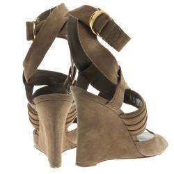 Pre Owned Louis Vuitton Brown Suede Criss Cross Ankle Wrap Wedge Sandals Size 40