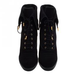 Pre Owned Louis Vuitton Black Suede Lace Up Ankle Boots Size 39