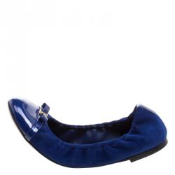 Pre Owned Louis Vuitton Cobalt Blue Suede and Leather Elba Ballet Flats Size 38.5