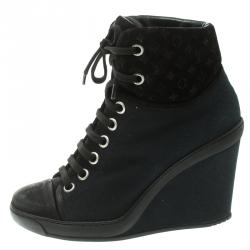 Pre Owned Louis Vuitton Black Canvas and Monogram Suede Batignolles Wedge Sneakers Size 37