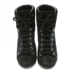 Pre Owned Louis Vuitton Black Canvas and Monogram Suede Batignolles Wedge Sneakers Size 37
