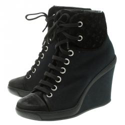 Pre Owned Louis Vuitton Black Canvas and Monogram Suede Batignolles Wedge Sneakers Size 37