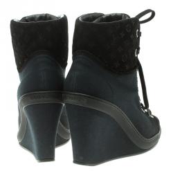 Pre Owned Louis Vuitton Black Canvas and Monogram Suede Batignolles Wedge Sneakers Size 37