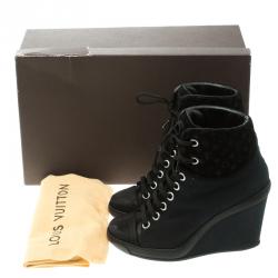 Pre Owned Louis Vuitton Black Canvas and Monogram Suede Batignolles Wedge Sneakers Size 37