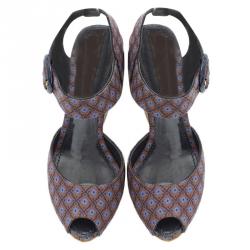 Pre Owned Louis Vuitton Brown Floral Canvas Cork Wedge Platform Sandals Size 37