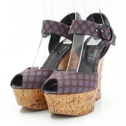 Pre Owned Louis Vuitton Brown Floral Canvas Cork Wedge Platform Sandals Size 37