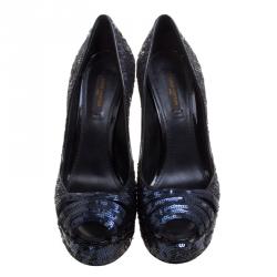 Pre Owned حذاء كعب عالي لوي فيتون ترتر أسود مقدمة مفتوحة نعل سميك مقاس 37.5