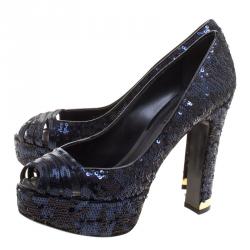 Pre Owned حذاء كعب عالي لوي فيتون ترتر أسود مقدمة مفتوحة نعل سميك مقاس 37.5