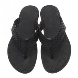 Pre Owned Louis Vuitton Black Perforated Rubber Tatoo Thong Sandals Size 37.5