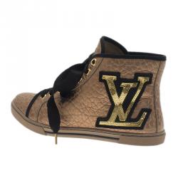 Louis Vuitton Gold Embossed Leather High Top Sneakers Size 37.5 