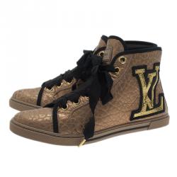 Louis Vuitton Gold Embossed Leather High Top Sneakers Size 37.5 