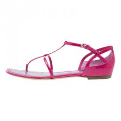 Pre Owned Louis Vuitton Pink Patent T Strap Flat Sandals Size 37.5