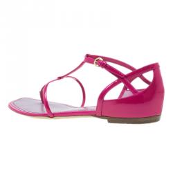 Pre Owned Louis Vuitton Pink Patent T Strap Flat Sandals Size 37.5