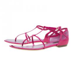 Pre Owned Louis Vuitton Pink Patent T Strap Flat Sandals Size 37.5