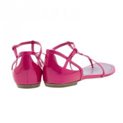 Pre Owned Louis Vuitton Pink Patent T Strap Flat Sandals Size 37.5