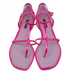 Pre Owned Louis Vuitton Pink Patent T Strap Flat Sandals Size 37.5