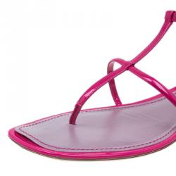 Pre Owned Louis Vuitton Pink Patent T Strap Flat Sandals Size 37.5