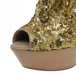 Louis Vuitton Gold Sequins Peep Toe Platform Ankle Boots Size 39
