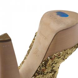 Louis Vuitton Gold Sequins Peep Toe Platform Ankle Boots Size 39