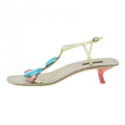 Pre Owned Louis Vuitton Gold Leather Beaded Sandals Size 38.5