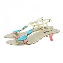 Pre Owned Louis Vuitton Gold Leather Beaded Sandals Size 38.5