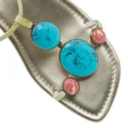 Pre Owned Louis Vuitton Gold Leather Beaded Sandals Size 38.5