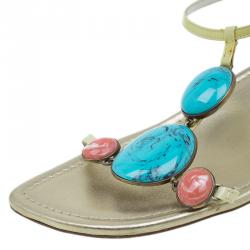 Pre Owned Louis Vuitton Gold Leather Beaded Sandals Size 38.5