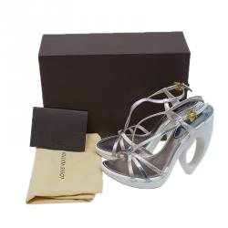 Pre Owned Louis Vuitton Metallic Leather Feerique Morganne Wedge Sandals Size 37 