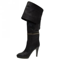 Pre Owned Louis Vuitton Black Leather Zip and Pocket Detail Tall Boots Size 40